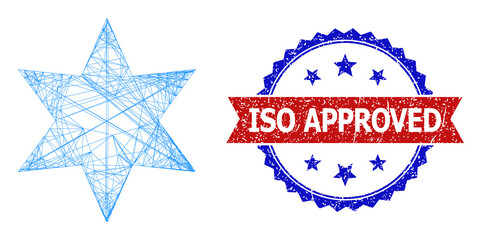 Crossing mesh 6-finger star carcass icon, and bicolor dirty ISO Approved seal stamp. Flat model created from 6-finger star symbol and crossing lines. Vector seal with distress bicolored style,