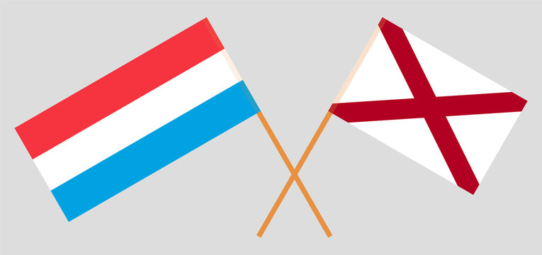 Crossed flags of Luxembourg and The State of Alabama. Official colors. Correct proportion