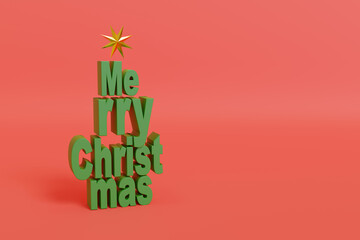 Merry Christmas text in three dimensions in green color isolated on red background. 3d illustration.