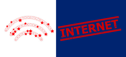 Mesh wi-fi waves polygonal icon vector illustration, and red INTERNET rough seal. Model is based on wi-fi waves flat icon, with stars and polygonal net. INTERNET tag is between parallel lines.
