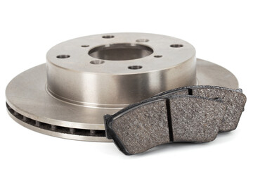 Ventilated car brake disc and pads, isolated on white background, isolated on white background