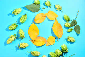 Hop cones on a twig with leaves and a circle in the center. Conceptual frame on the theme of the autumn harvest.