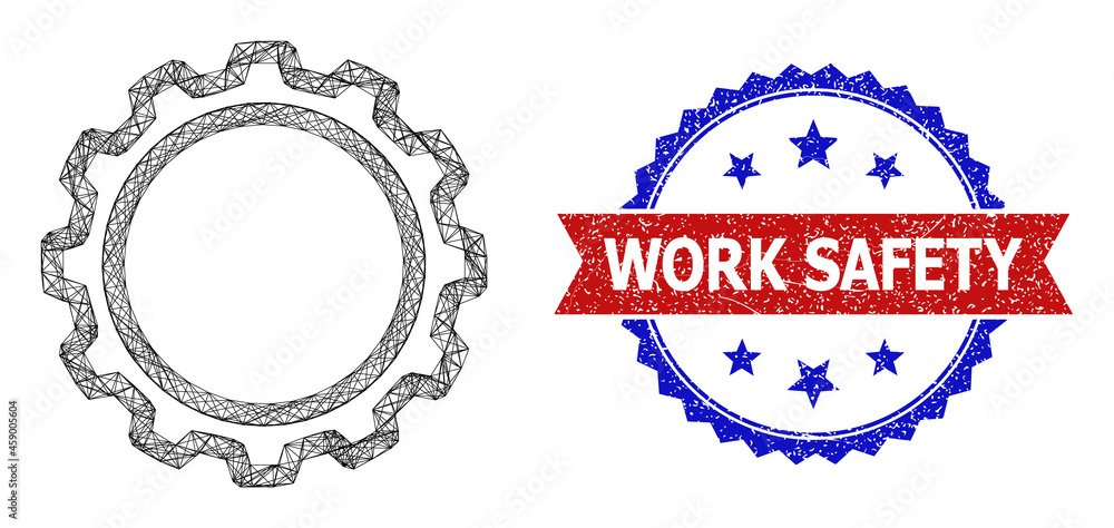 Poster network contour gear wireframe icon, and bicolor dirty work safety seal. flat framework created from