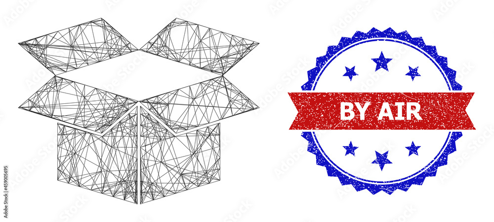 Poster crossing mesh carton box frame icon, and bicolor unclean by air seal stamp. flat structure created f