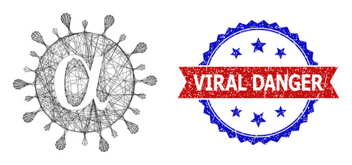 Crossing mesh Alpha covid virus frame illustration, and bicolor dirty Viral Danger seal. Flat model created from Alpha covid virus symbol and crossing lines. Vector seal with unclean bicolored style,