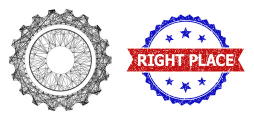 Mesh net gearwheel framework icon, and bicolor textured Right Place seal stamp. Flat framework created from gearwheel icon and crossed lines. Vector watermark with corroded bicolored style,