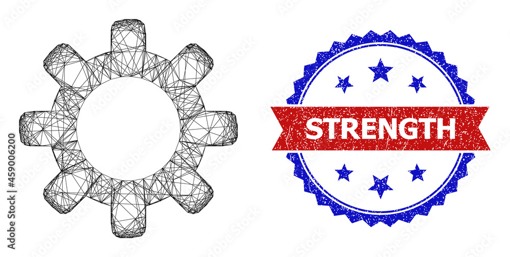 Poster crossing mesh cog model icon, and bicolor scratched strength watermark. flat mesh created from cog i