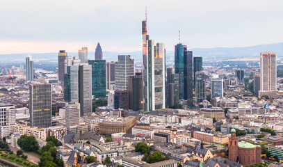 Aerial of frankfurt skyline in summer months - obrazy, fototapety, plakaty