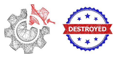Crossing mesh gear damage wireframe illustration, and bicolor unclean Destroyed stamp. Flat carcass created from gear damage pictogram and crossing lines. Vector imprint with corroded bicolored style,