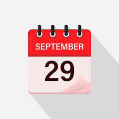 September 29, Calendar icon with shadow. Day, month. Flat vector illustration.