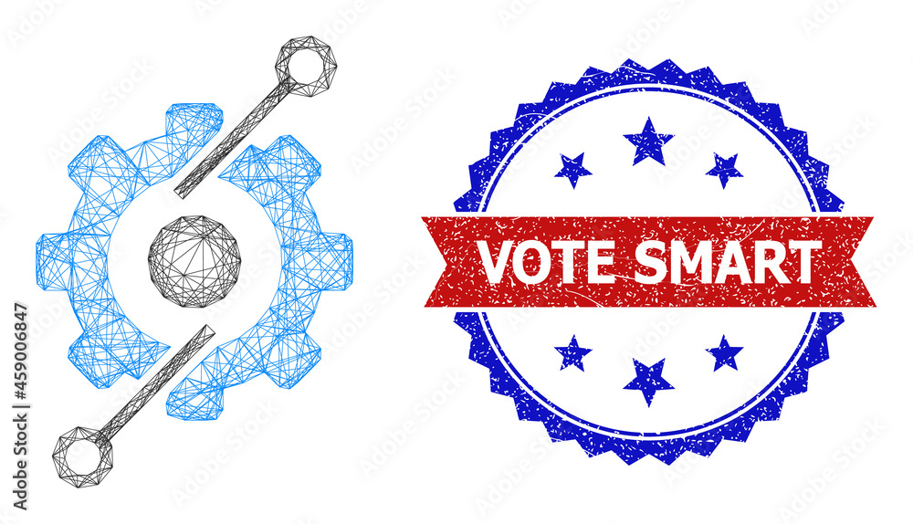 Poster crossing mesh control center gear frame icon, and bicolor unclean vote smart stamp. flat structure c