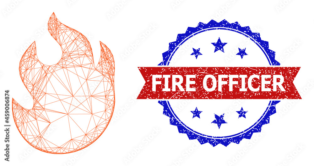 Poster mesh net fire wireframe icon, and bicolor rubber fire officer watermark. flat mesh created from fire