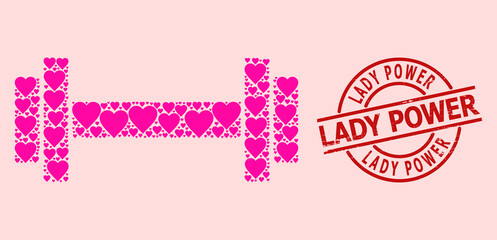 Rubber Lady Power stamp seal, and pink love heart mosaic for barbell. Red round stamp seal includes Lady Power tag inside circle. Barbell mosaic is composed from pink wedding icons.