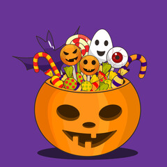 an illustration for Halloween with a pumpkin and sweets. vector multi-colored picture with sweets in a pumpkin. design for halloween.
