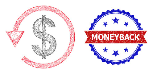 Mesh net dollar chargeback model icon, and bicolor scratched Moneyback watermark. Flat mesh created from dollar chargeback icon and crossing lines. Vector seal with unclean bicolored style,
