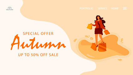 marketing landing page cover. wavy background and female characters go shopping