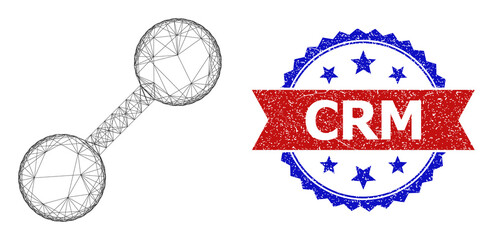 Network relation carcass icon, and bicolor unclean Crm seal stamp. Flat mesh created from relation icon and crossing lines. Vector seal with unclean bicolored style,