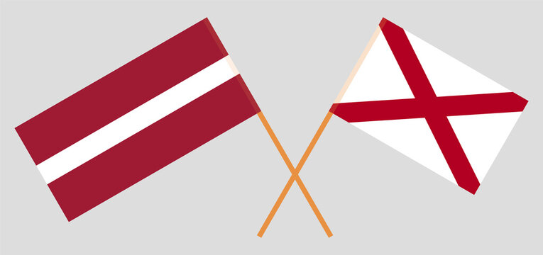Crossed flags of Latvia and The State of Alabama. Official colors. Correct proportion