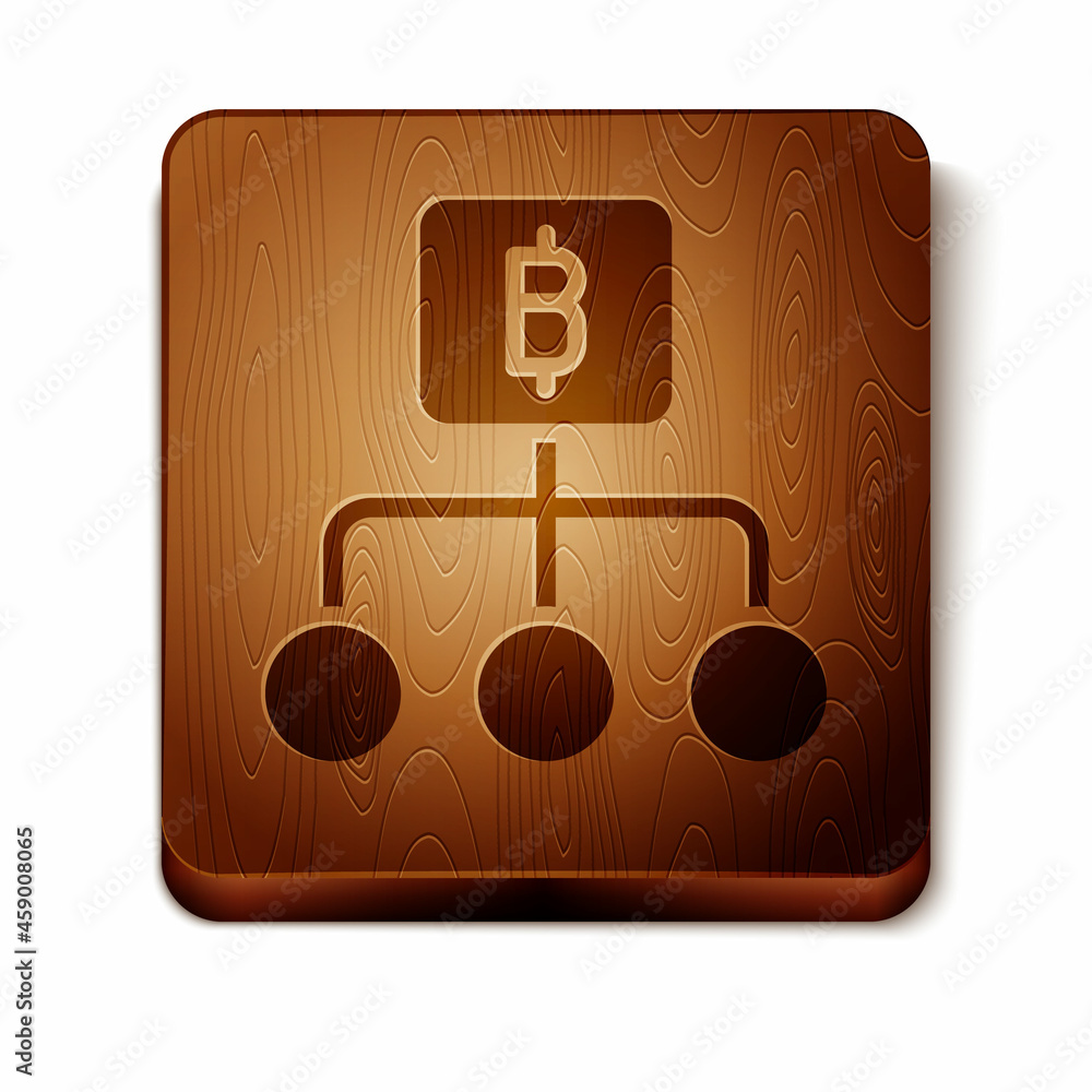 Poster Brown Blockchain technology Bitcoin icon isolated on white background. Abstract geometric block chain network technology business. Wooden square button. Vector
