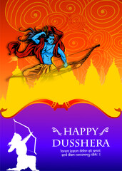 Greeting card of happy dusshera with bow and illustration of Lord Rama killing Ravana in Navratri festival of India(happy Vijayadashami). Vector illustration.