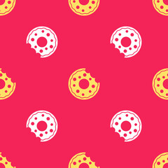 Fototapeta na wymiar Yellow Donut with sweet glaze icon isolated seamless pattern on red background. Vector