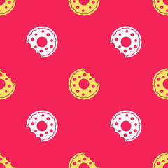 Yellow Donut with sweet glaze icon isolated seamless pattern on red background. Vector