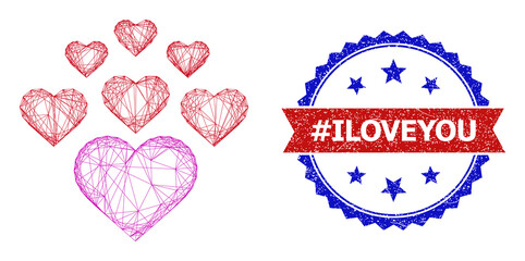 Network lovely hearts framework illustration, and bicolor dirty #Iloveyou seal. Flat model created from lovely hearts icon and crossed lines. Vector seal with retro bicolored style,