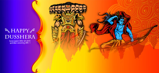 Greeting card of happy dusshera with bow and illustration of Lord Rama killing Ravana in Navratri festival of India(happy Vijayadashami). Vector illustration.