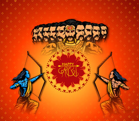 Greeting card of happy dusshera with bow and illustration of Lord Rama killing Ravana in Navratri festival of India(happy Vijayadashami). Vector illustration.