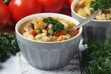 Bowls with Italian soup minestrone