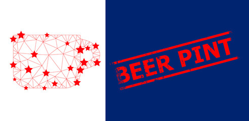 Mesh tea cup polygonal 2d vector illustration, and red BEER PINT grunge stamp. Model is based on tea cup flat icon, with stars and polygonal mesh. BEER PINT text is between parallel lines.