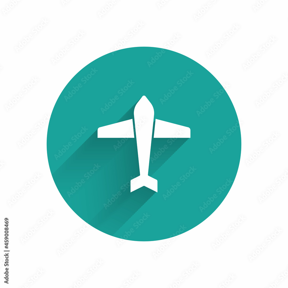 Poster white jet fighter icon isolated with long shadow. military aircraft. green circle button. vector