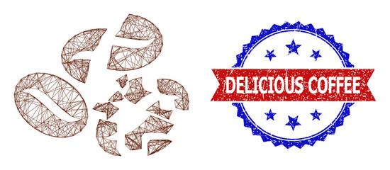 Net coffee bean crush model icon, and bicolor unclean Delicious Coffee seal. Flat model created from coffee bean crush pictogram and crossing lines. Vector seal with scratched bicolored style,