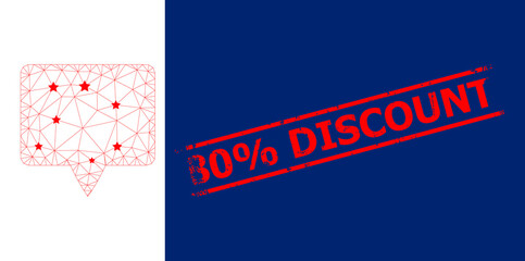 Mesh banner polygonal icon vector illustration, and red 80% DISCOUNT grunge badge. Model is created from banner flat icon, with stars and triangle mesh. 80% DISCOUNT tag is between parallel lines.