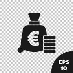 Black Coin money with euro symbol icon isolated on transparent background. Banking currency sign. Cash symbol. Vector
