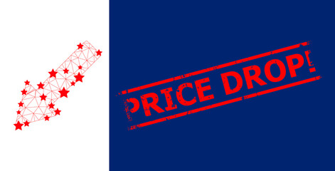 Mesh left down arrow polygonal icon vector illustration, and red PRICE DROP! grunge stamp. Carcass model is created from left down arrow flat icon, with stars and polygonal mesh.