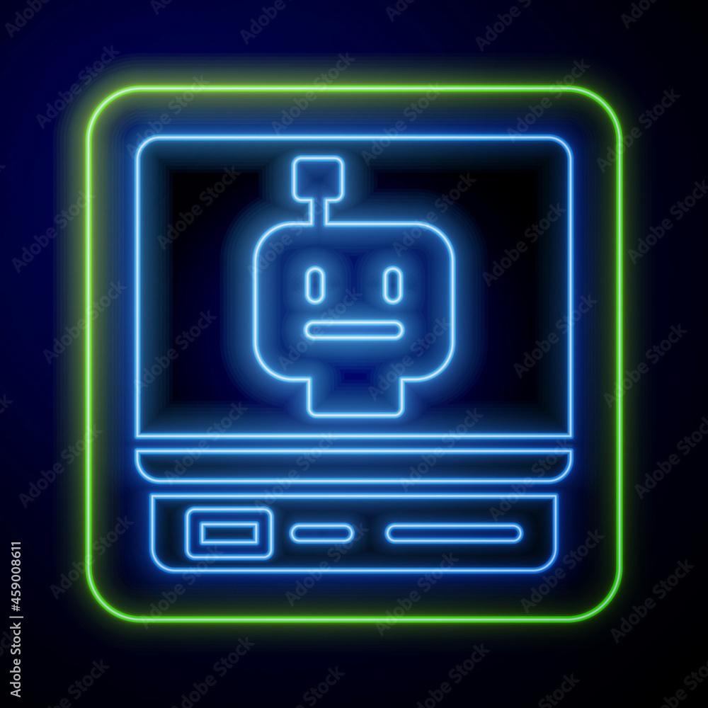 Poster glowing neon robot icon isolated on blue background. artificial intelligence, machine learning, clou