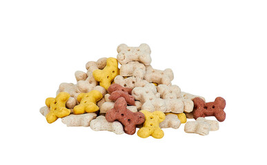 Multicolored bone shaped biscuits cookies for dog isolated on white background