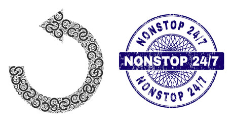 Recursion mosaic rotate left and Nonstop 24/7 round corroded stamp imitation. Violet stamp seal includes Nonstop 24/7 title inside circle and guilloche ornament.