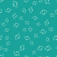 Obraz premium Green Online working icon isolated seamless pattern on green background. Freelancer man working on laptop at his house. Remote work. Distant job concept. Vector