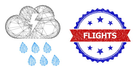 Network thunderstorm framework illustration, and bicolor scratched Flights watermark. Flat structure created from thunderstorm symbol and crossing lines. Vector watermark with unclean bicolored style,