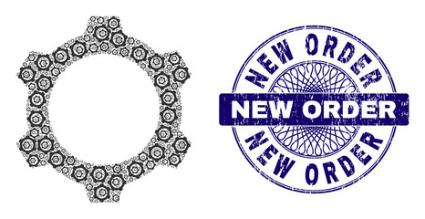 Recursive composition gear and New Order round rubber stamp seal. Blue stamp seal includes New Order text inside circle and guilloche style. Vector collage is formed from recursive rotated gear items.