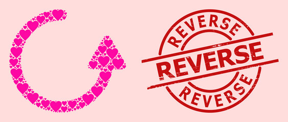 Grunge Reverse stamp seal, and pink love heart mosaic for rotate left arrow. Red round stamp seal has Reverse text inside circle. Rotate left arrow mosaic is created from pink romantic icons.