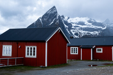 Fototapeta na wymiar Red house by the sea in Lofoten Islands