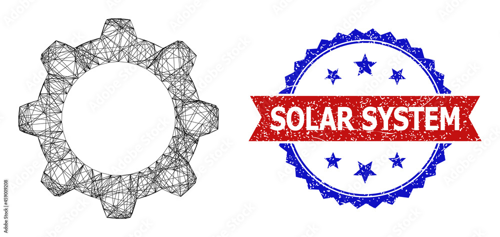Poster crossing mesh gearwheel model icon, and bicolor textured solar system seal. flat frame created from 