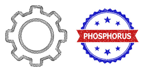 Network contour gear framework icon, and bicolor dirty Phosphorus seal. Flat framework created from contour gear icon and intersected lines. Vector imprint with grunge bicolored style,