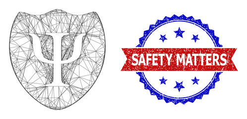 Mesh net Psychology shield wireframe illustration, and bicolor rubber Safety Matters seal stamp. Flat framework created from Psychology shield pictogram and crossing lines.