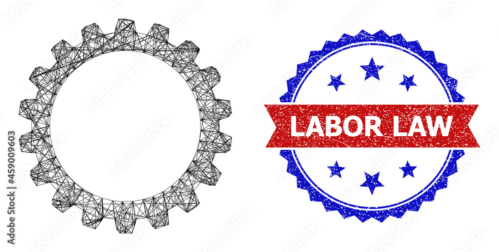 Poster mesh net cogwheel carcass icon, and bicolor textured labor law watermark. flat framework created fro