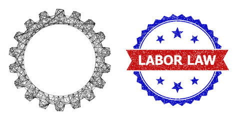 Mesh net cogwheel carcass icon, and bicolor textured Labor Law watermark. Flat framework created from cogwheel pictogram and intersected lines. Vector watermark with distress bicolored style,