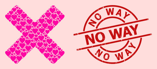 Rubber No Way seal, and pink love heart collage for reject cross. Red round seal includes No Way title inside circle. Reject cross collage is designed of pink valentine icons.